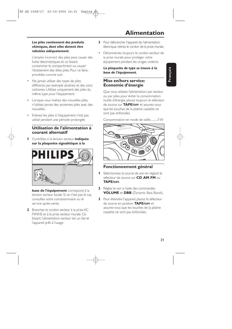 Alimentation, Utilisation de l'alimentation à courant alternatif, Mise en/hors service: economie d’énergie | Fonctionnement général, Play stop • ope n paus e sear ch sear ch, Fran ç ais | Philips AZ1011 User Manual | Page 21 / 42
