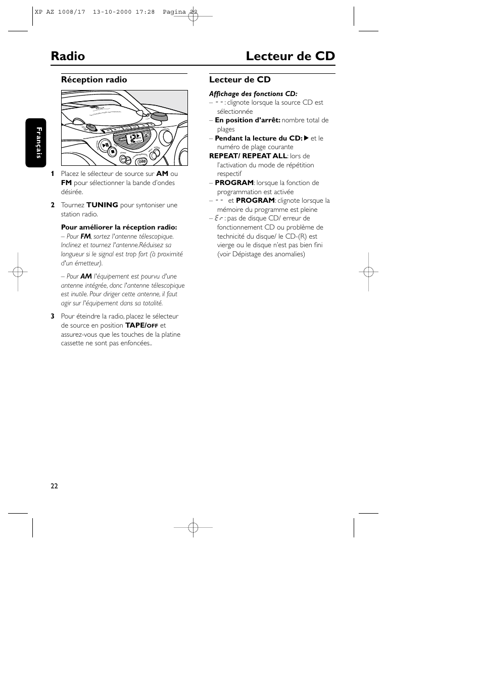 Radio lecteur de cd, Réception radio, Lecteur de cd | Play stop • ope n paus e sear ch sear ch, Fran ç ais | Philips AZ1011 User Manual | Page 22 / 42