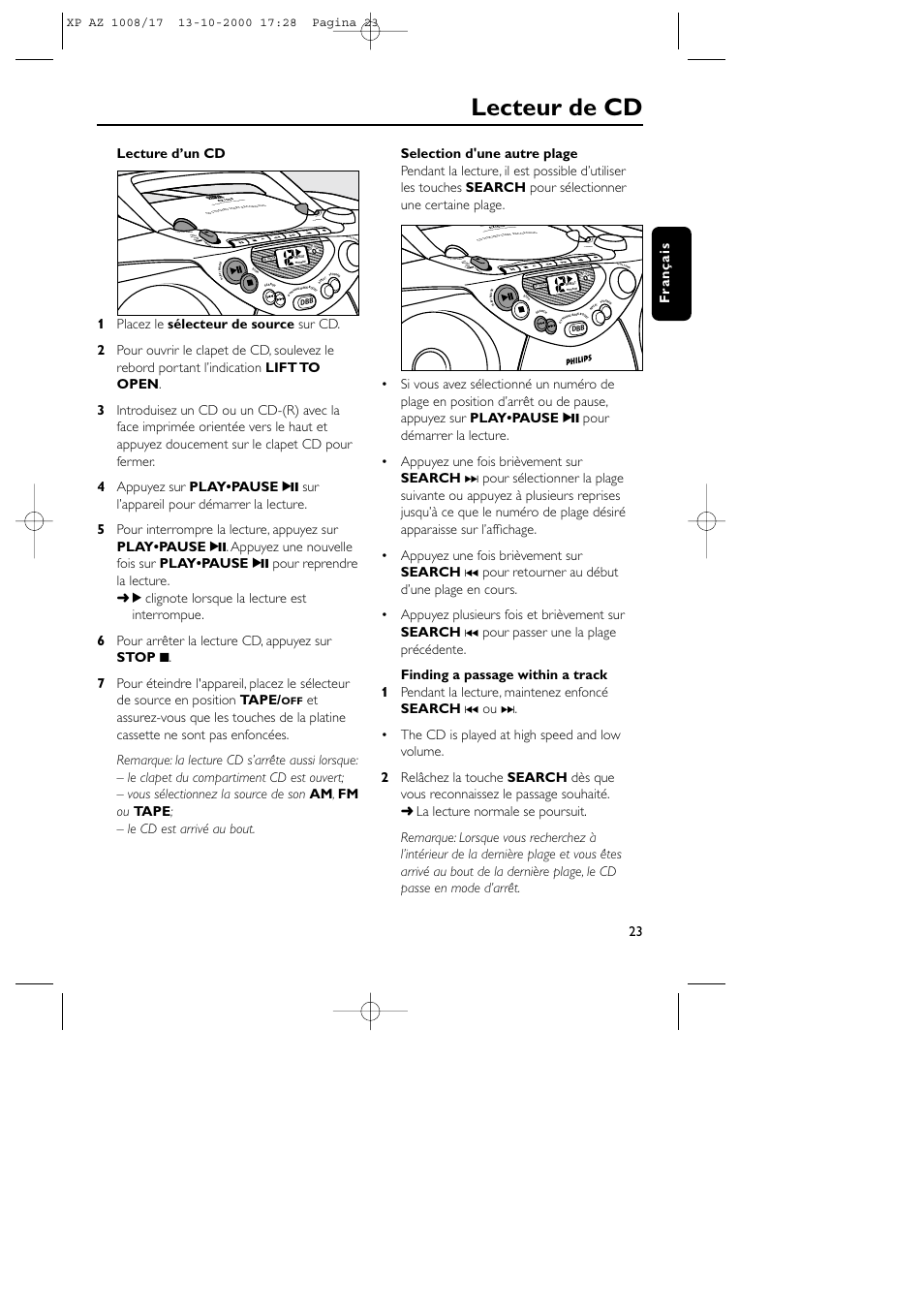 Lecteur de cd, Play stop • ope n paus e sear ch sear ch, Fran ç ais | Philips AZ1011 User Manual | Page 23 / 42