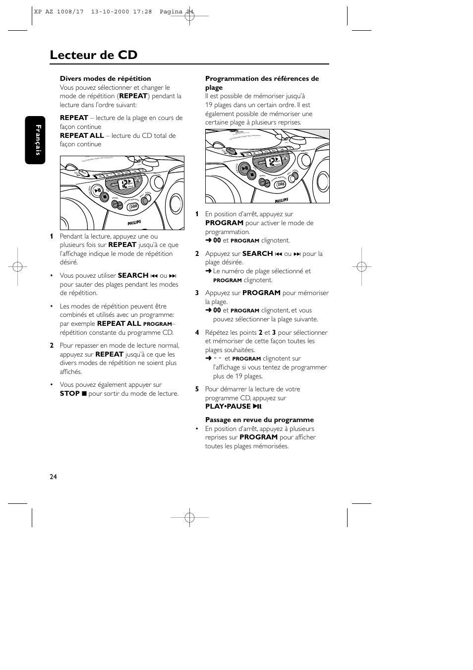 Lecteur de cd, Play stop • ope n paus e sear ch sear ch, Fran ç ais | Philips AZ1011 User Manual | Page 24 / 42