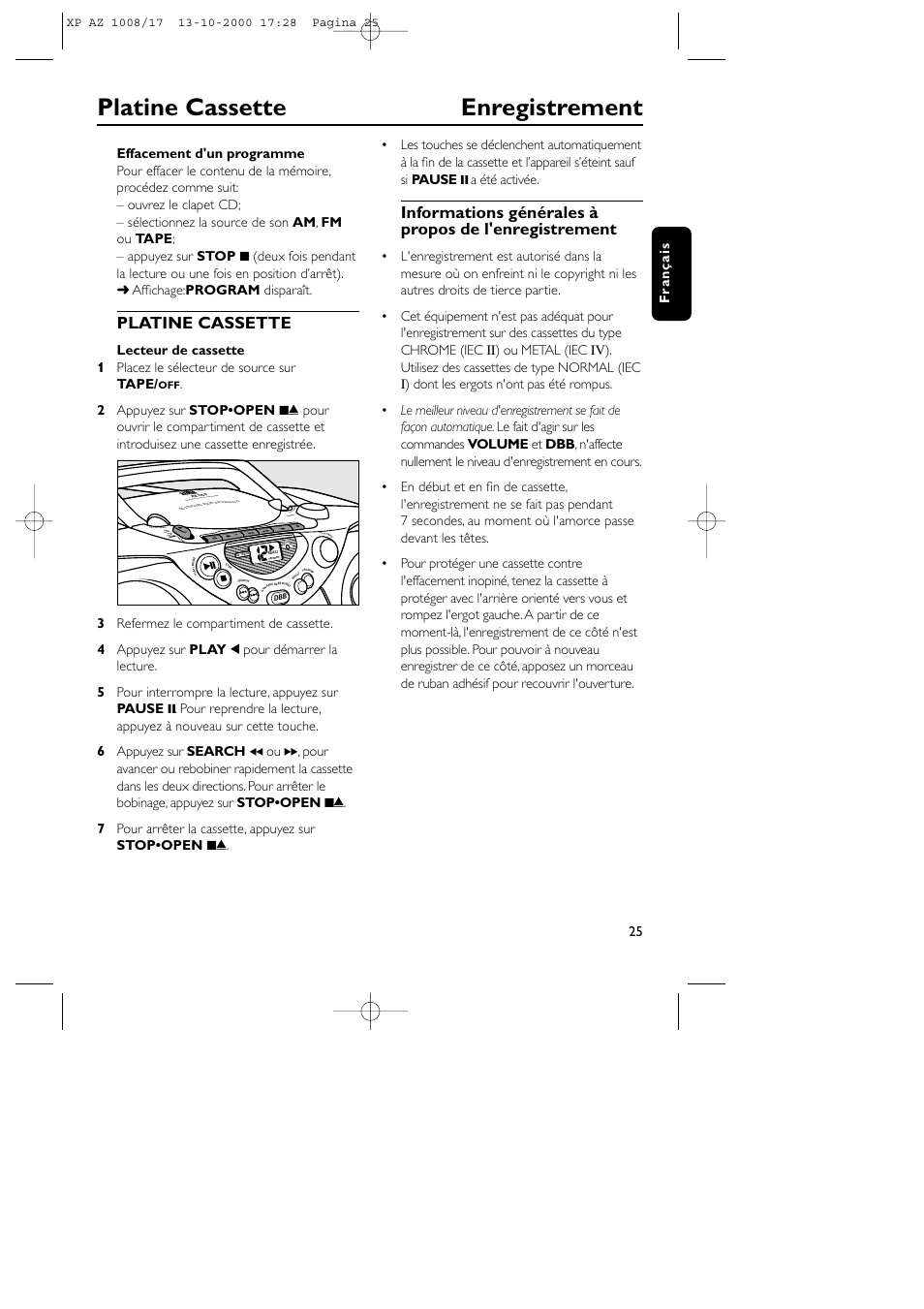 Platine cassette enregistrement, Platine cassette, 25 f ran ç ais | Play stop • ope n paus e sear ch sear ch | Philips AZ1011 User Manual | Page 25 / 42