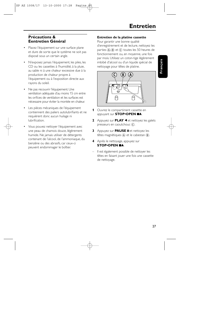 Entretien | Philips AZ1011 User Manual | Page 27 / 42