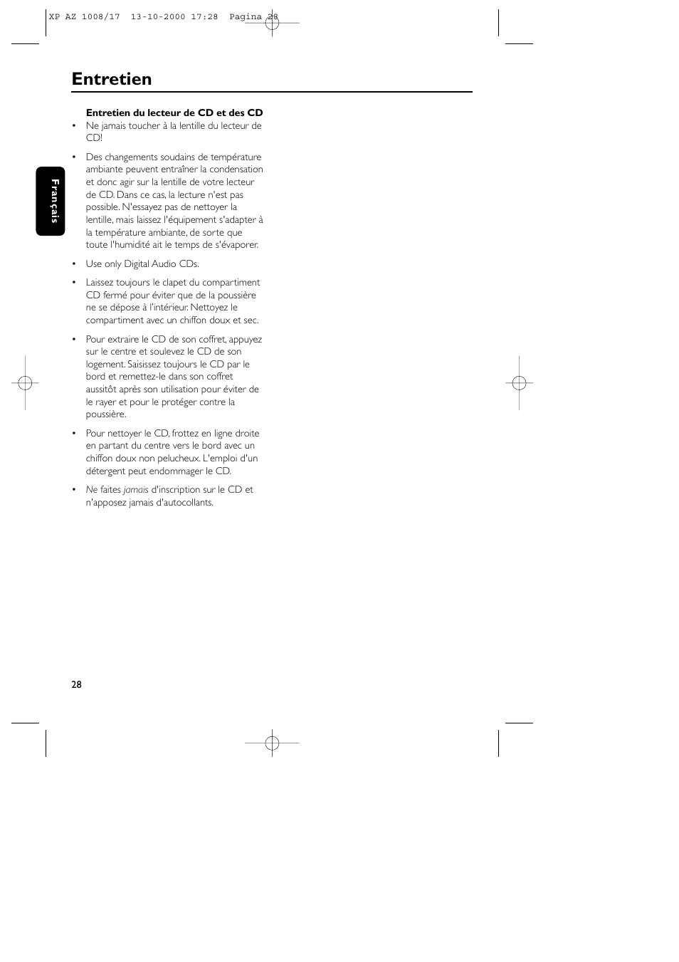 Entretien | Philips AZ1011 User Manual | Page 28 / 42