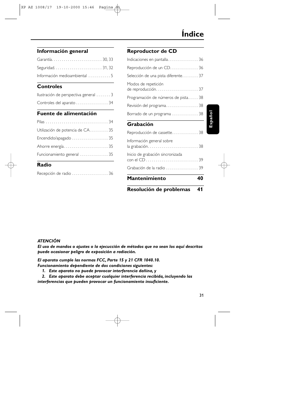 Índice | Philips AZ1011 User Manual | Page 31 / 42