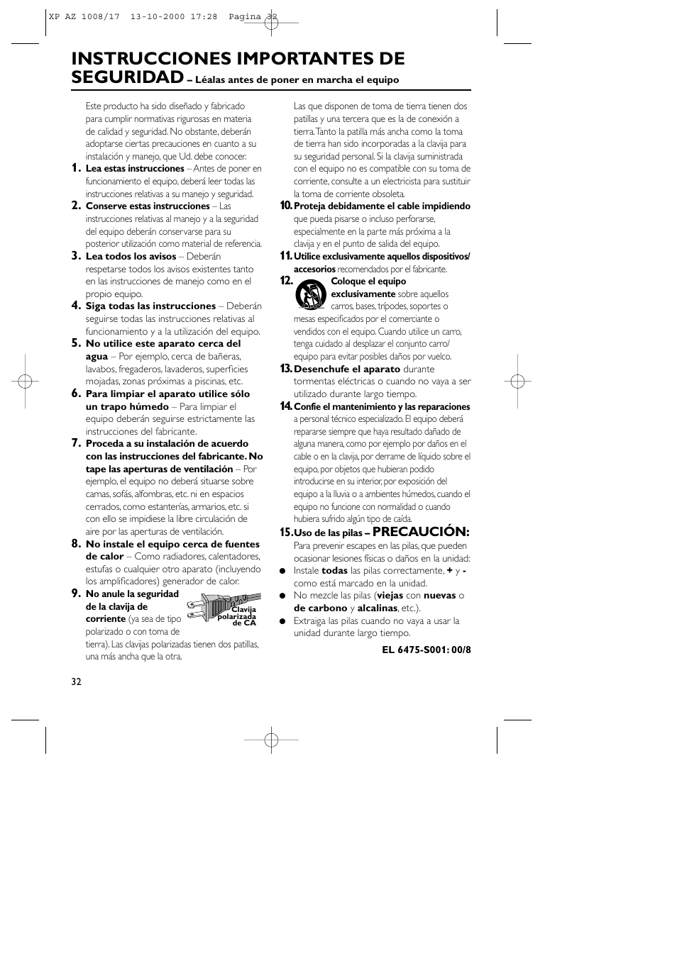 Instrucciones importantes de seguridad, Precaución | Philips AZ1011 User Manual | Page 32 / 42