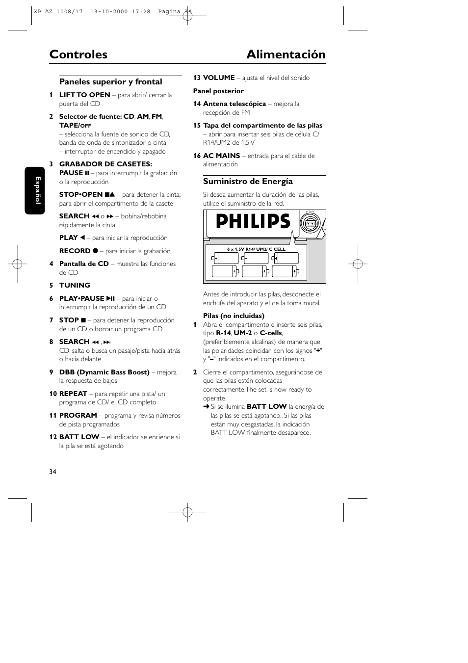 Controles alimentación | Philips AZ1011 User Manual | Page 34 / 42