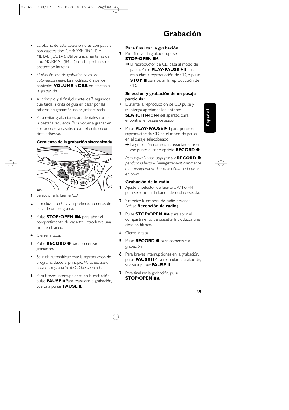 Grabación, Play stop • ope n paus e sear ch sear ch espa ñ ol | Philips AZ1011 User Manual | Page 39 / 42