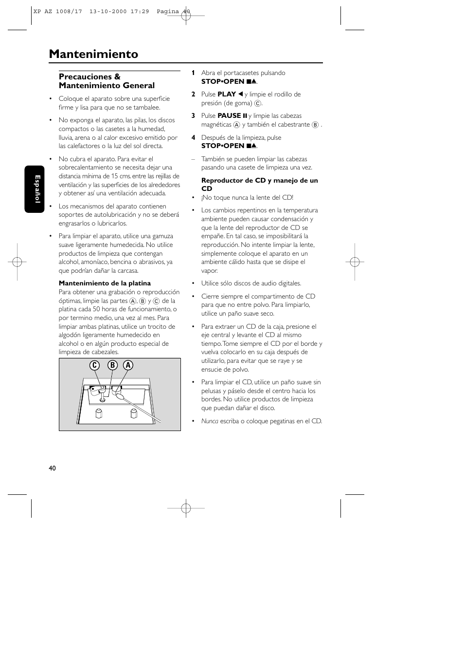 Mantenimiento | Philips AZ1011 User Manual | Page 40 / 42