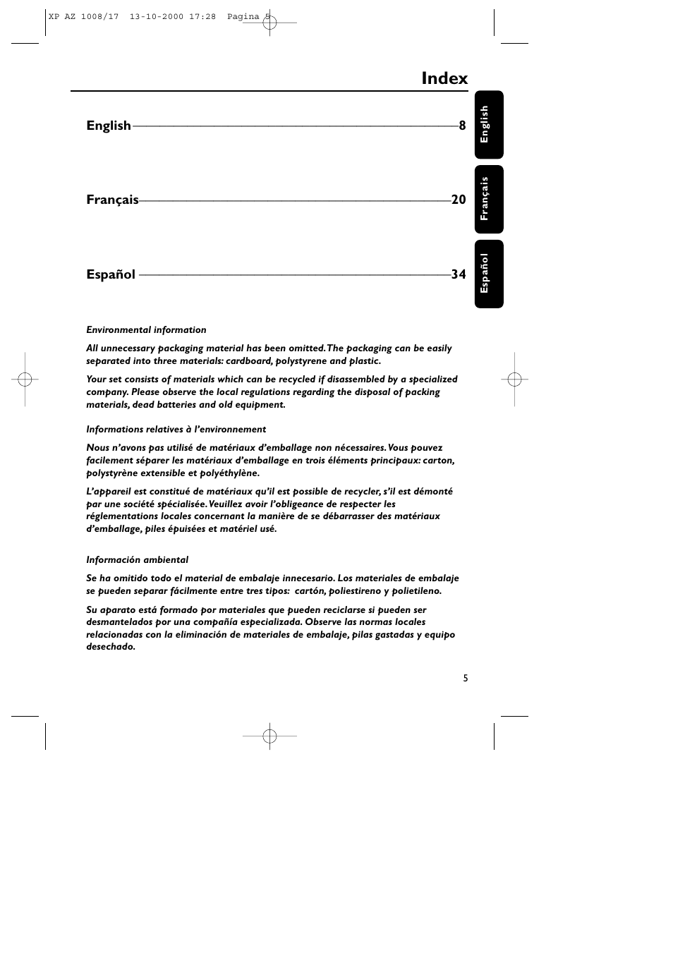 Index, English français español | Philips AZ1011 User Manual | Page 5 / 42