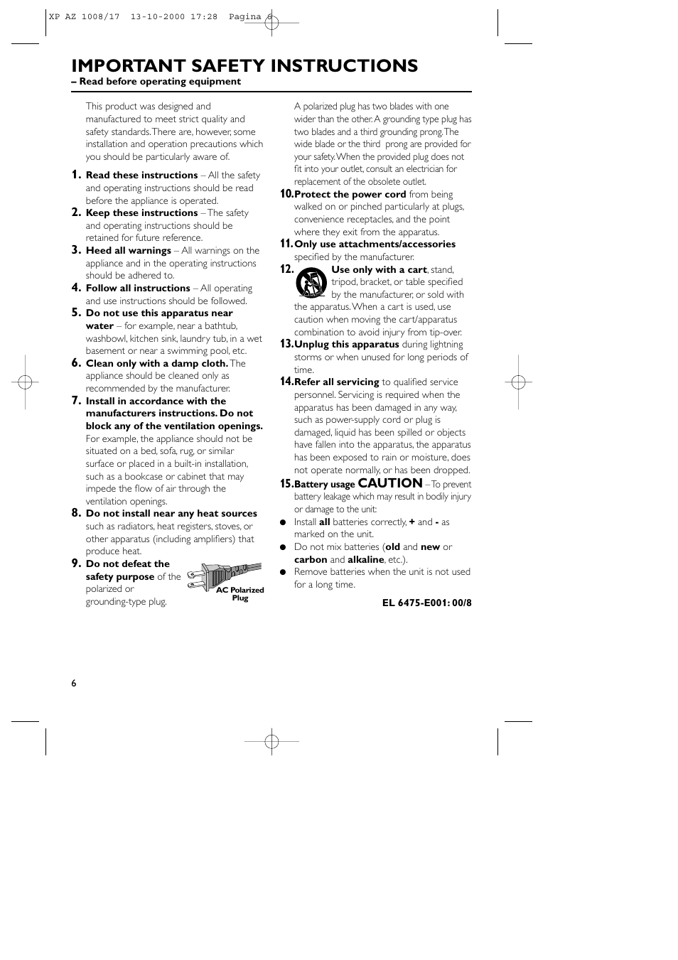 Important safety instructions, Caution | Philips AZ1011 User Manual | Page 6 / 42