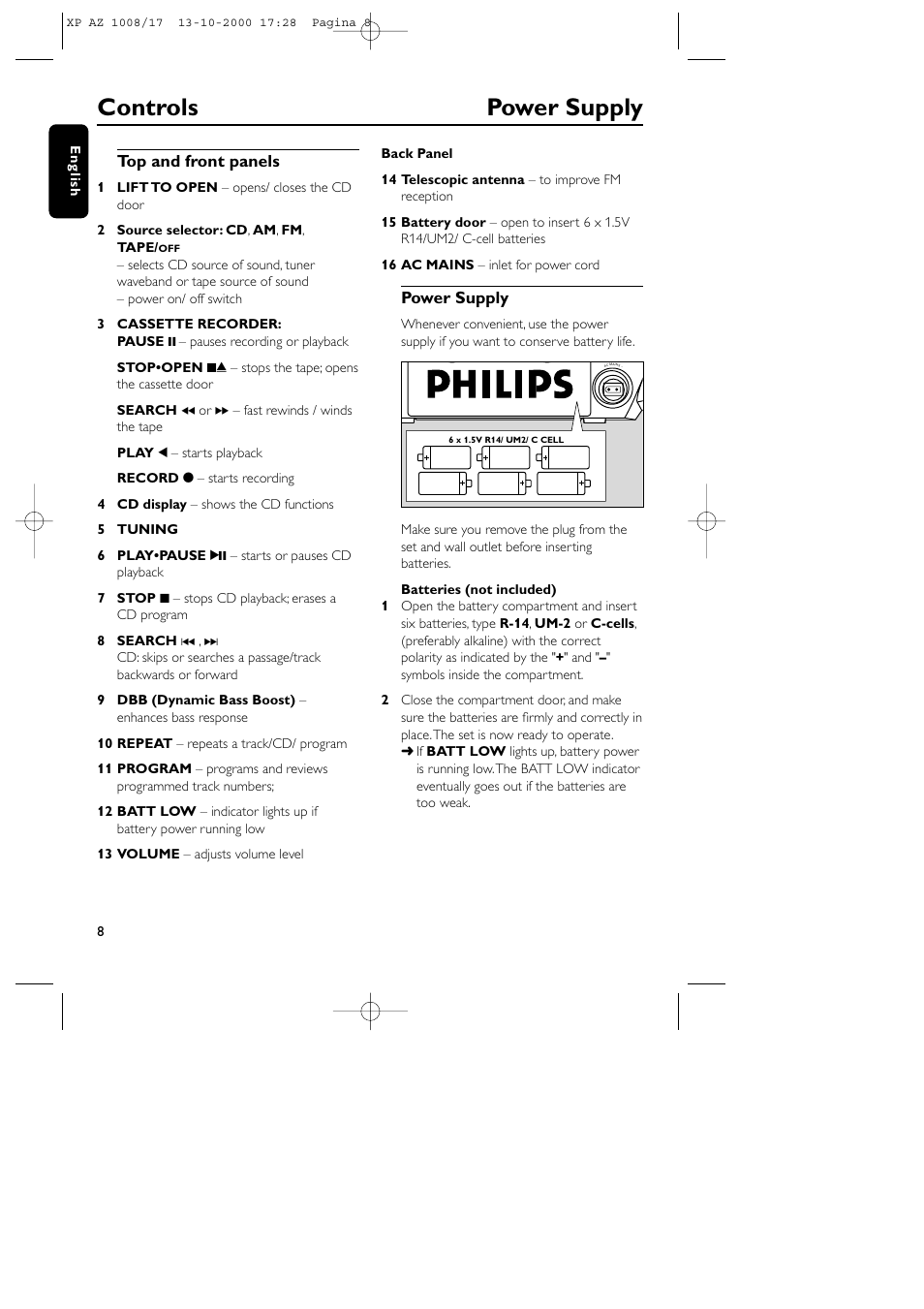 Controls power supply | Philips AZ1011 User Manual | Page 8 / 42
