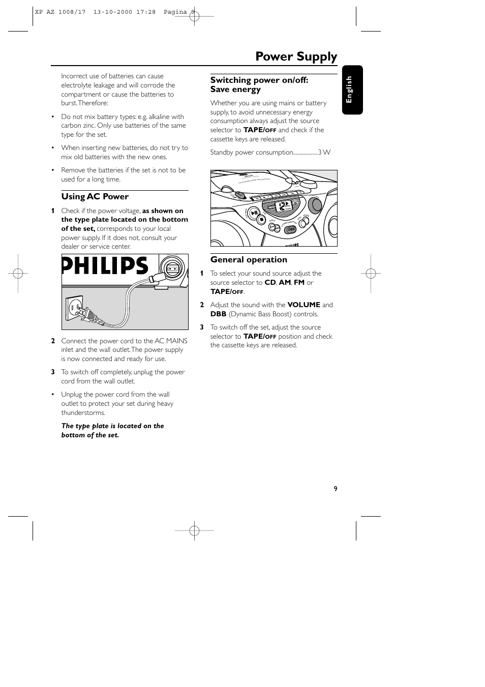 Power supply, Using ac power, Switching power on/off: save energy | General operation, Position and check the cassette keys are released, 9english, Play stop • ope n paus e sear ch sear ch | Philips AZ1011 User Manual | Page 9 / 42