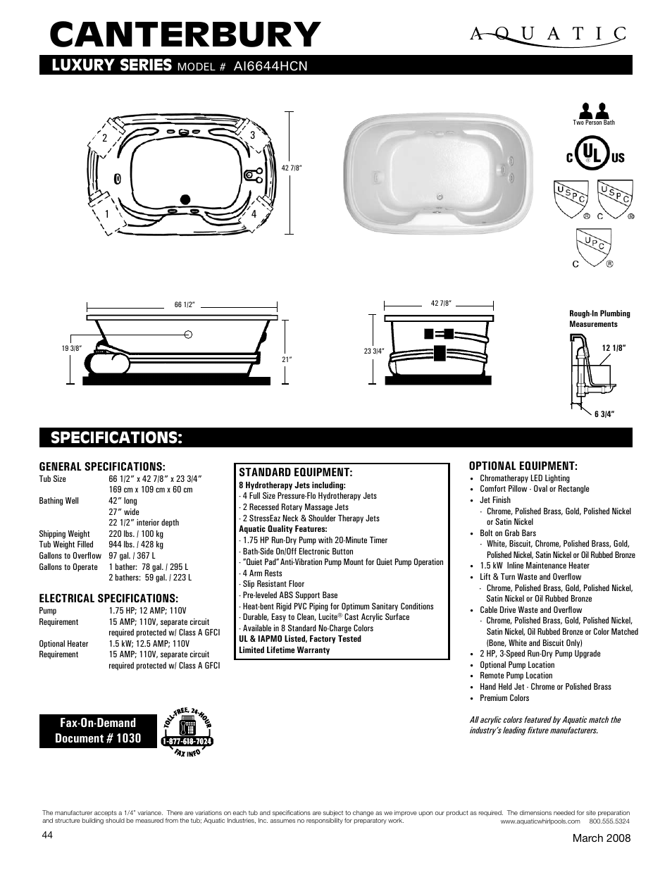 Aquatic CANTERBURY AI6644HCN User Manual | 1 page