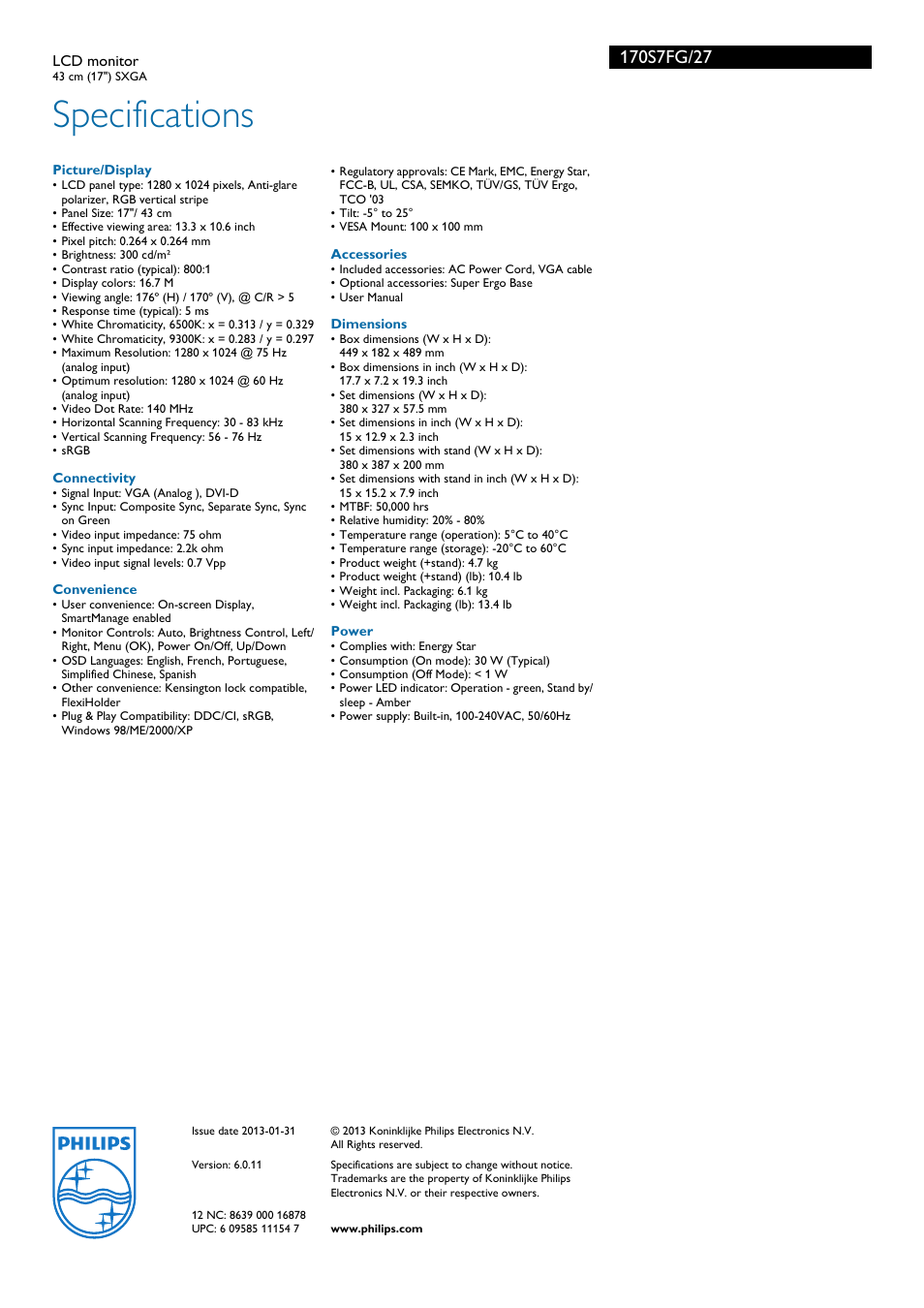 Specifications | Philips 170S7FG-27 User Manual | Page 3 / 3