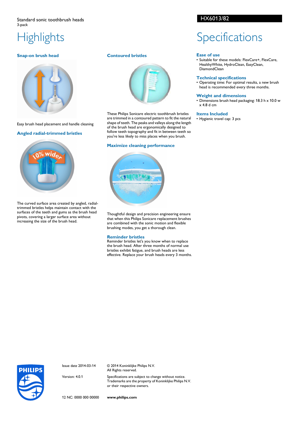 Highlights, Specifications | Philips HX6013-82 User Manual | Page 2 / 2