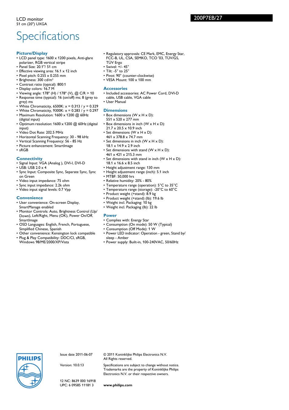 Specifications | Philips 200P7EB-27 User Manual | Page 3 / 3