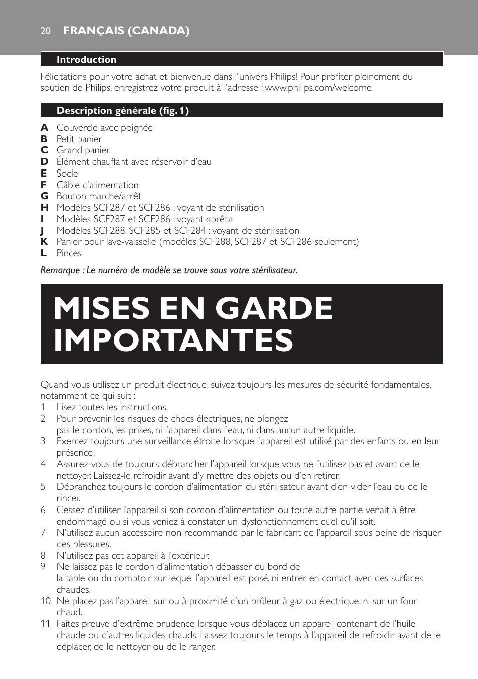 Français (canada), Mises en garde importantes | Philips SCF286-05 User Manual | Page 20 / 32