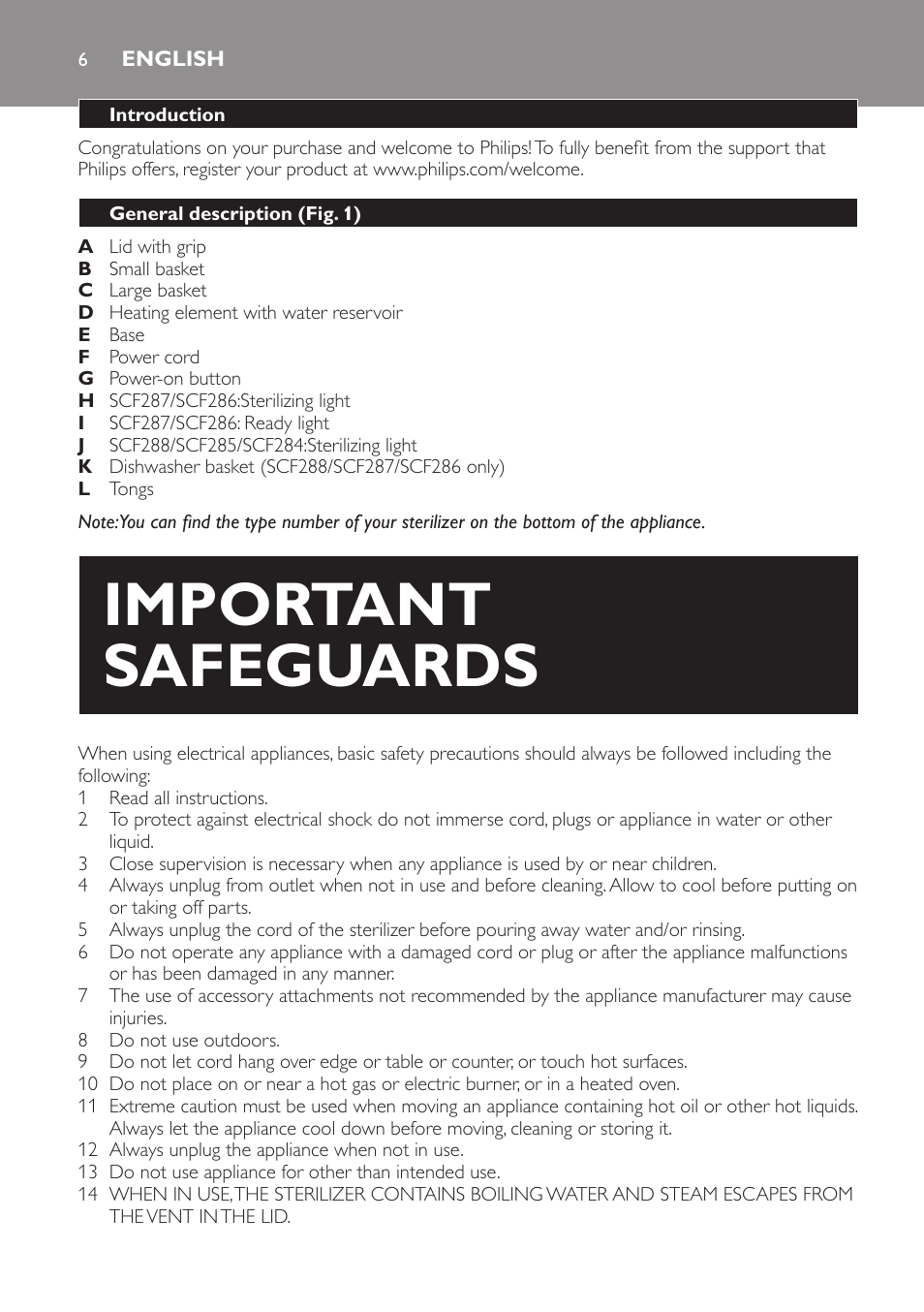 English, Important safeguards | Philips SCF286-05 User Manual | Page 6 / 32