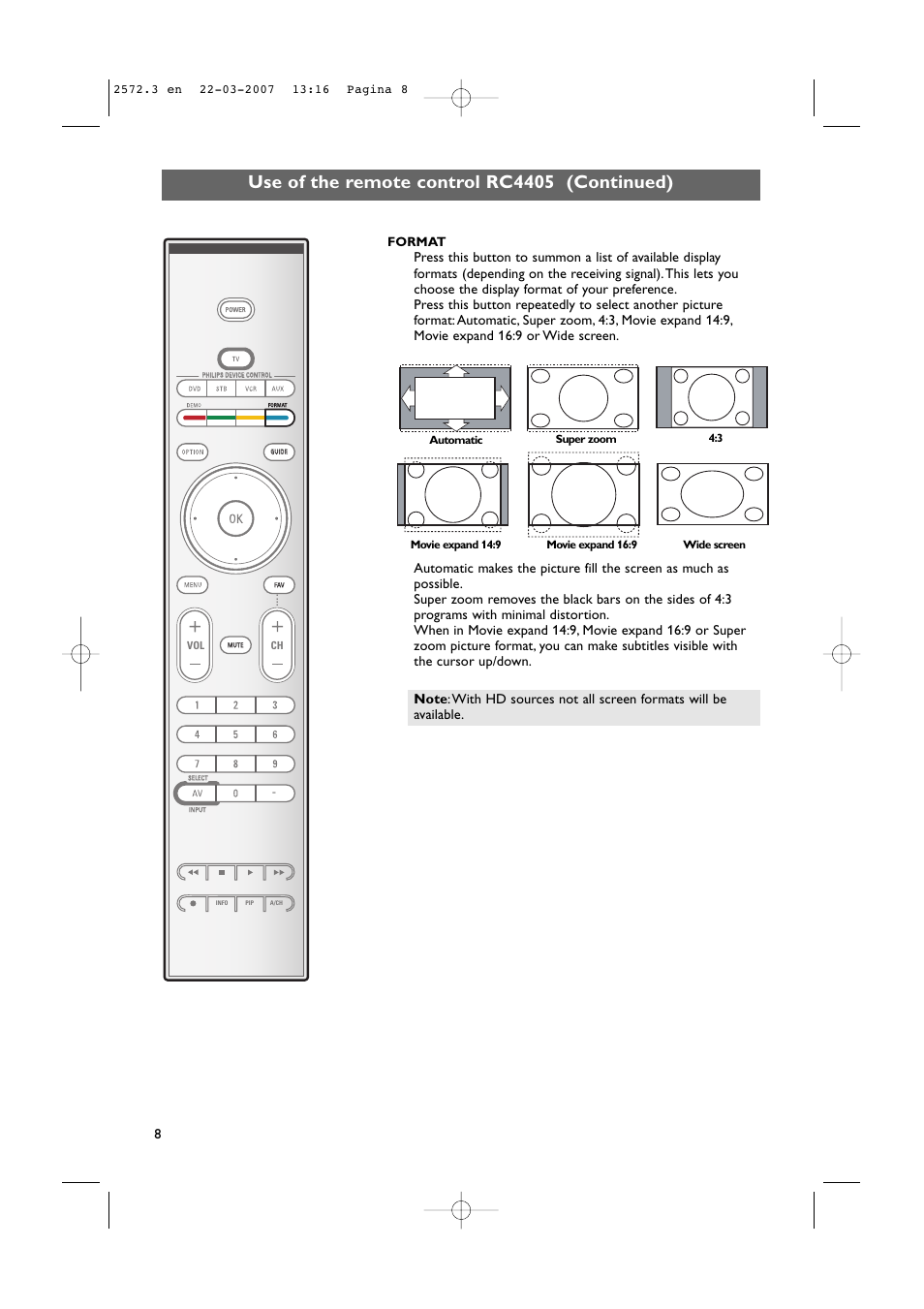 Use of the remote control rc4405 (continued), Format | Philips 63PF9631D-37B User Manual | Page 10 / 70