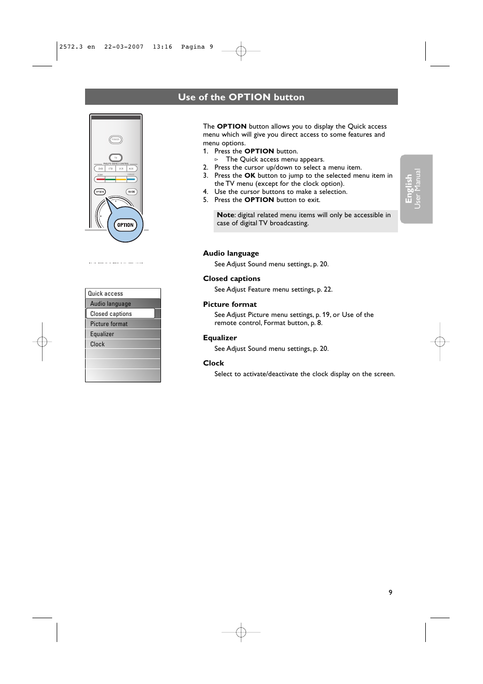 Use of the option button, English, User man ual | Audio language, Closed captions, Picture format, Equalizer, Clock | Philips 63PF9631D-37B User Manual | Page 11 / 70