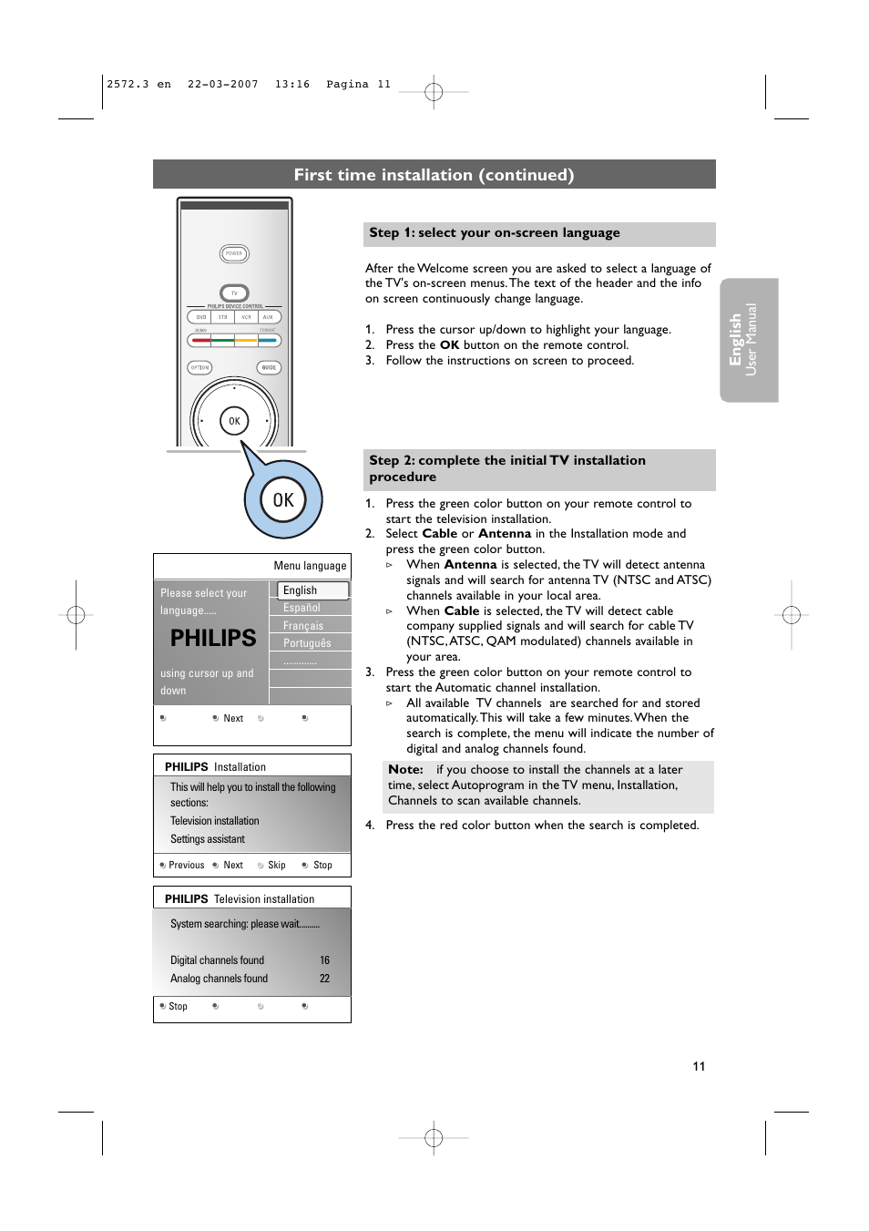 Philips, First time installation (continued), English | User man ual | Philips 63PF9631D-37B User Manual | Page 13 / 70