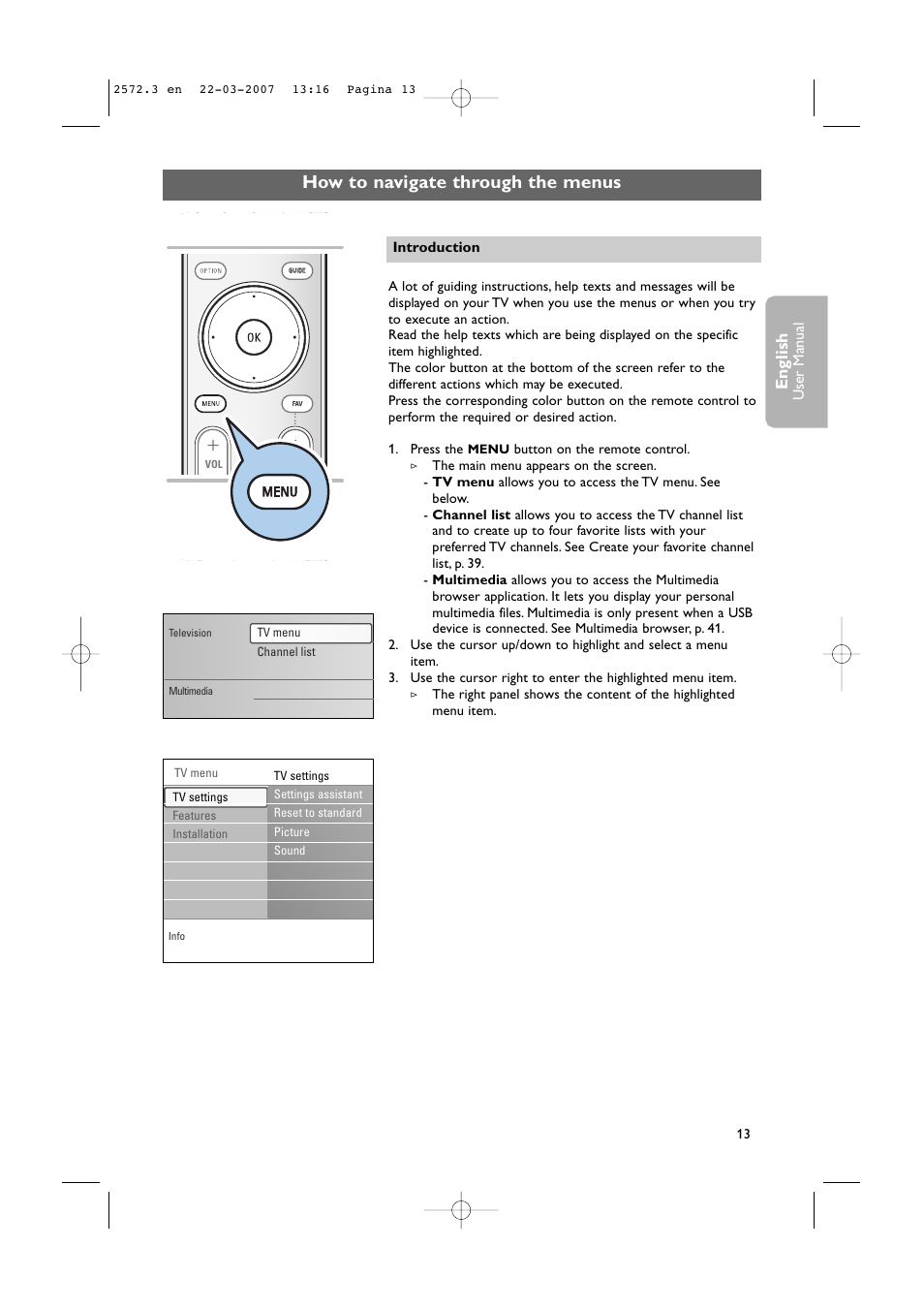How to navigate through the menus, English, User man ual | Philips 63PF9631D-37B User Manual | Page 15 / 70