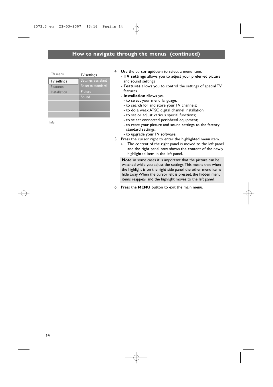 How to navigate through the menus (continued) | Philips 63PF9631D-37B User Manual | Page 16 / 70