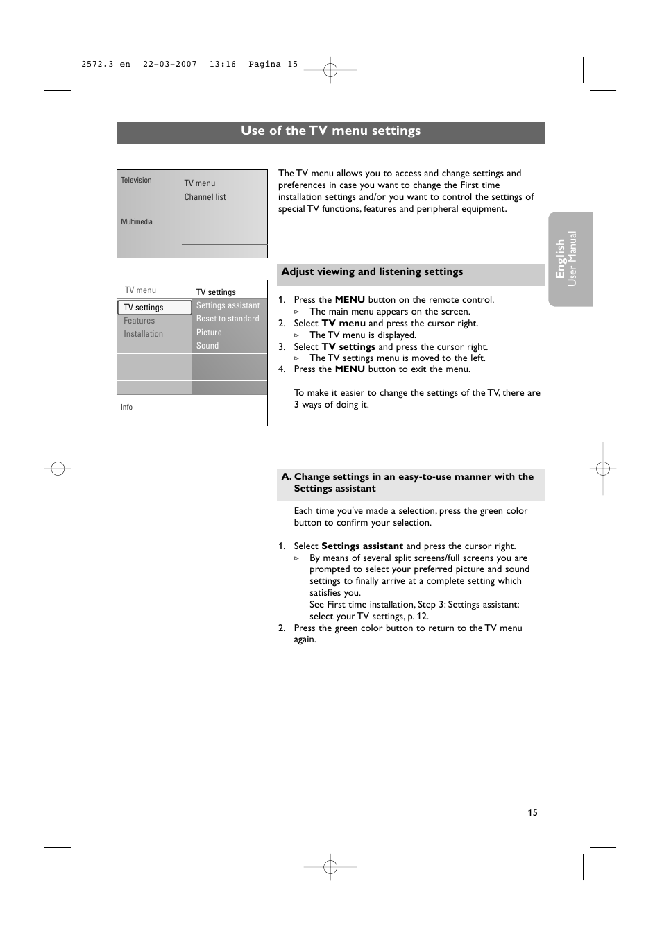 Use of the tv menu settings, English | Philips 63PF9631D-37B User Manual | Page 17 / 70