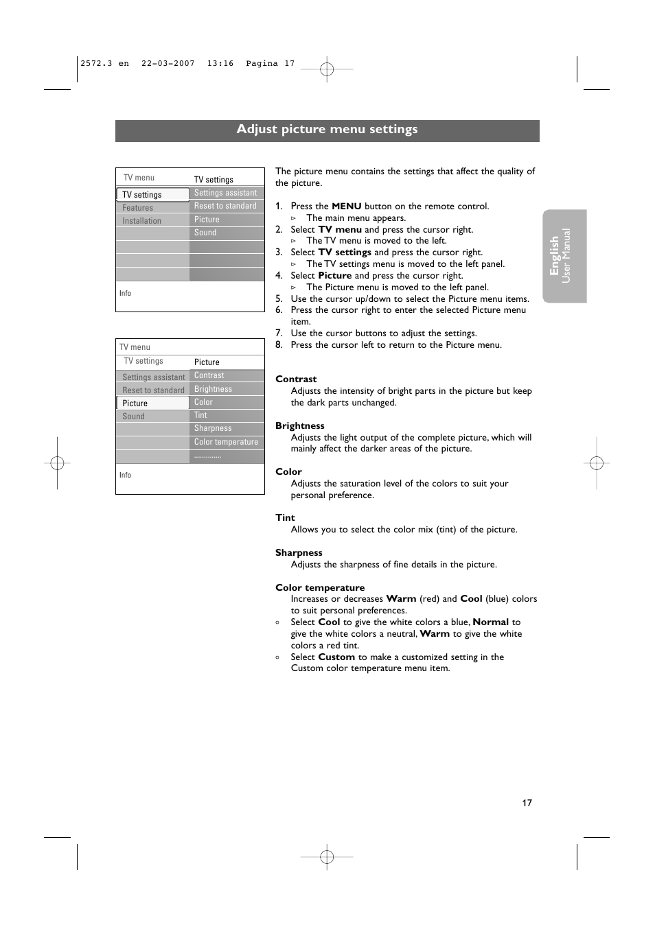 Adjust picture menu settings, English | Philips 63PF9631D-37B User Manual | Page 19 / 70