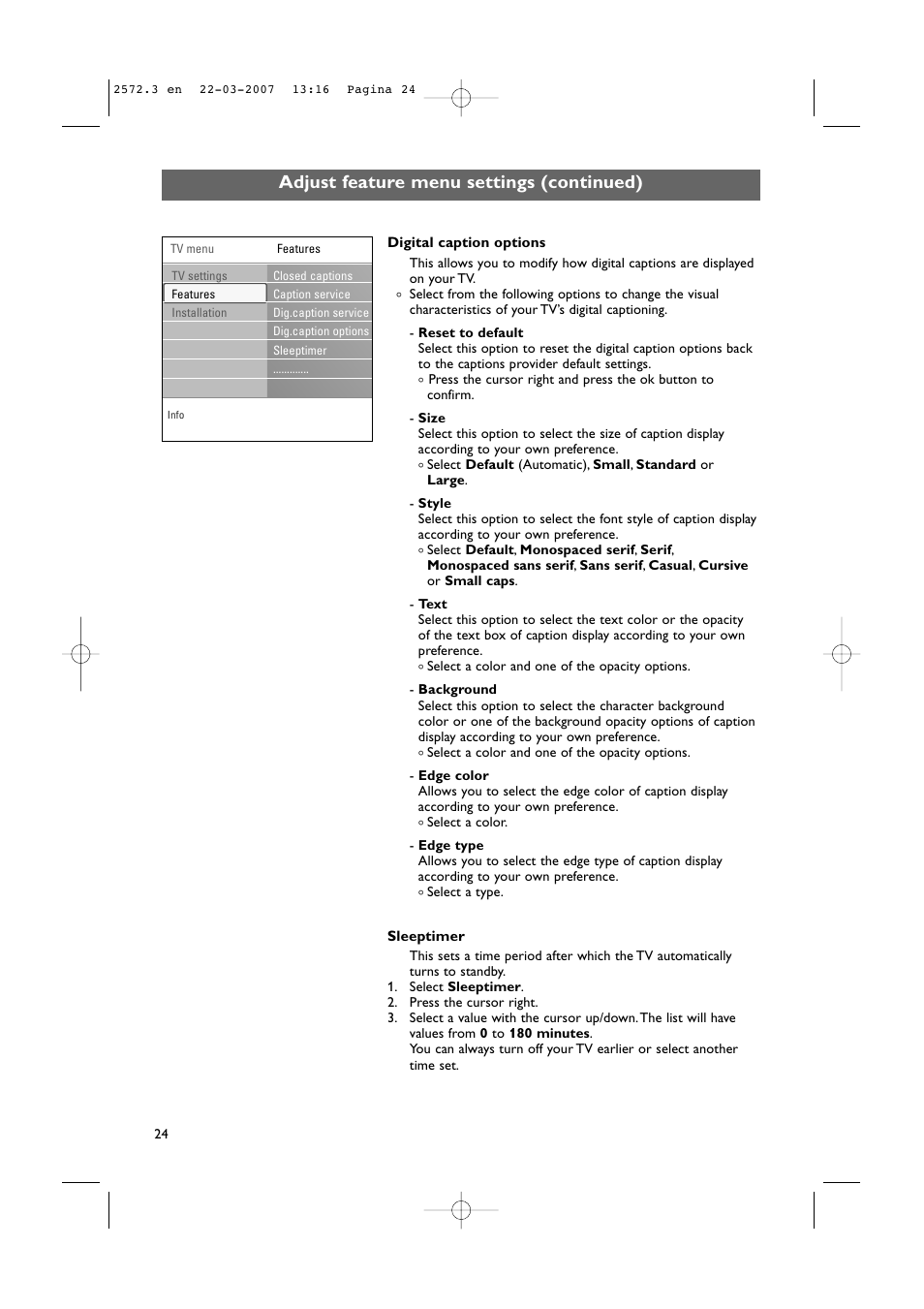 Adjust feature menu settings (continued) | Philips 63PF9631D-37B User Manual | Page 26 / 70