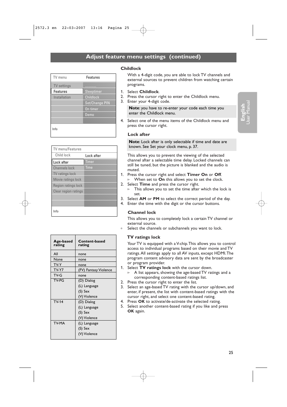 Adjust feature menu settings (continued), English | Philips 63PF9631D-37B User Manual | Page 27 / 70