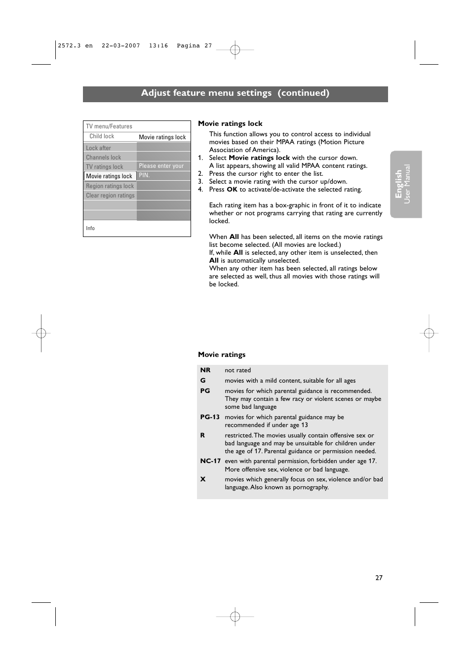 Adjust feature menu settings (continued), English | Philips 63PF9631D-37B User Manual | Page 29 / 70