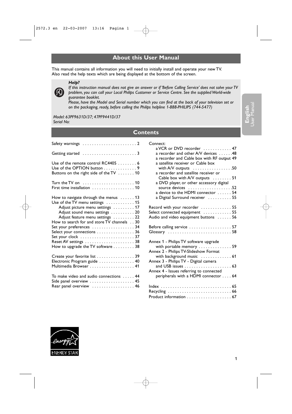 Philips 63PF9631D-37B User Manual | Page 3 / 70