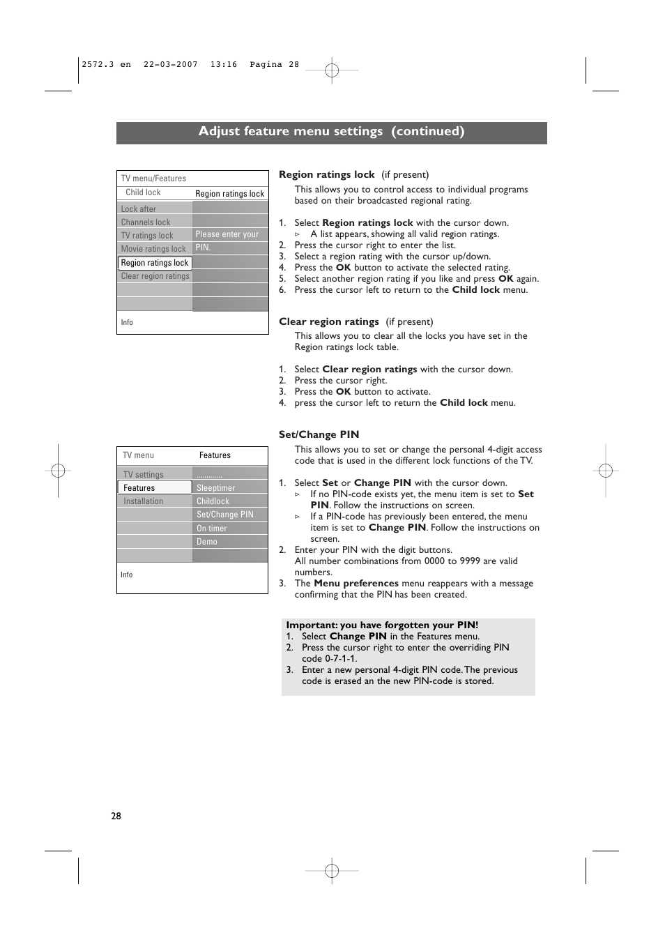 Adjust feature menu settings (continued) | Philips 63PF9631D-37B User Manual | Page 30 / 70