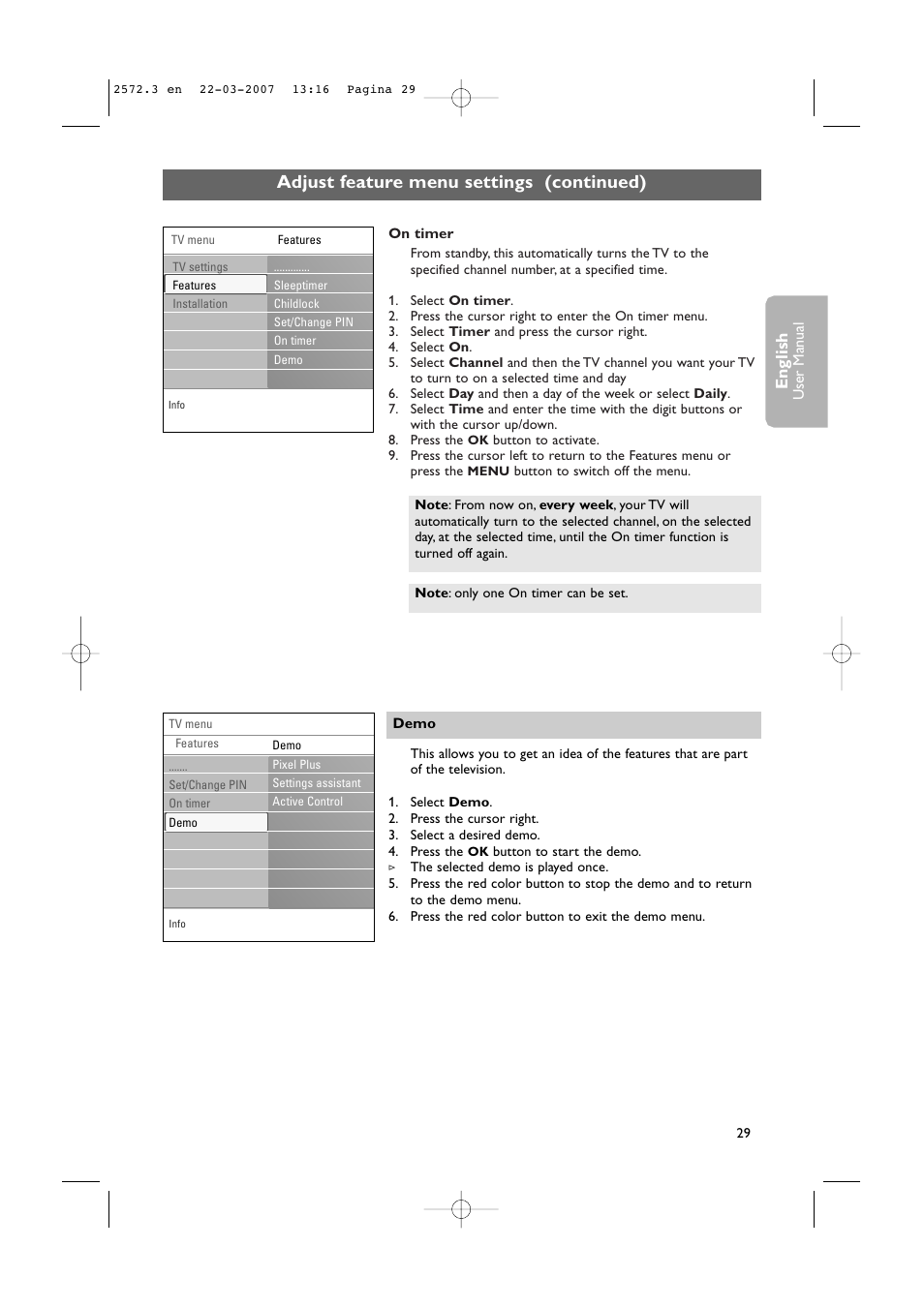 Adjust feature menu settings (continued), English | Philips 63PF9631D-37B User Manual | Page 31 / 70