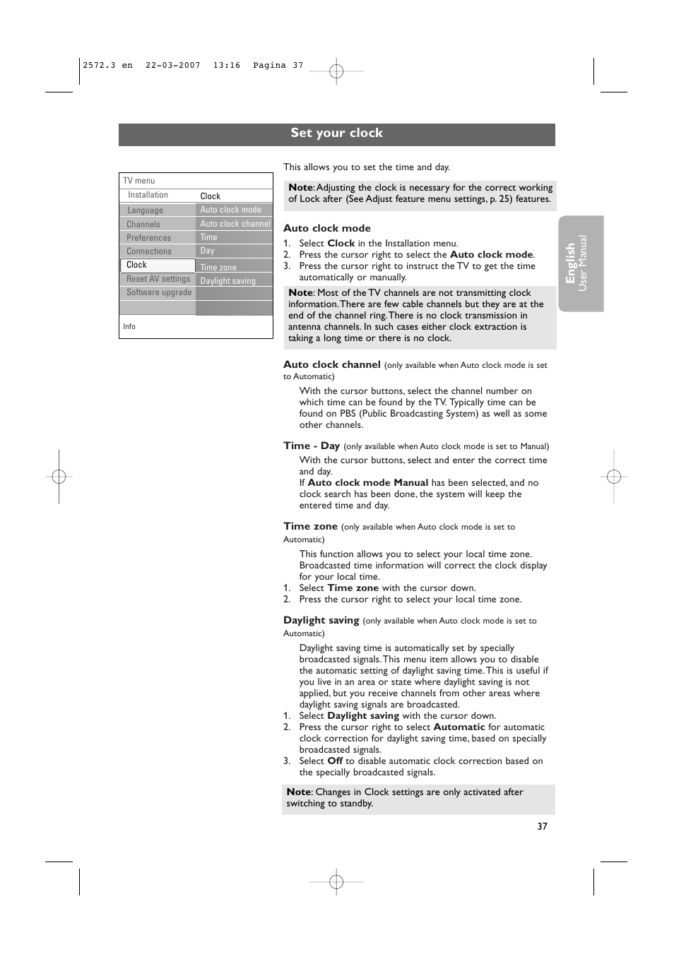 Set your clock, English | Philips 63PF9631D-37B User Manual | Page 39 / 70