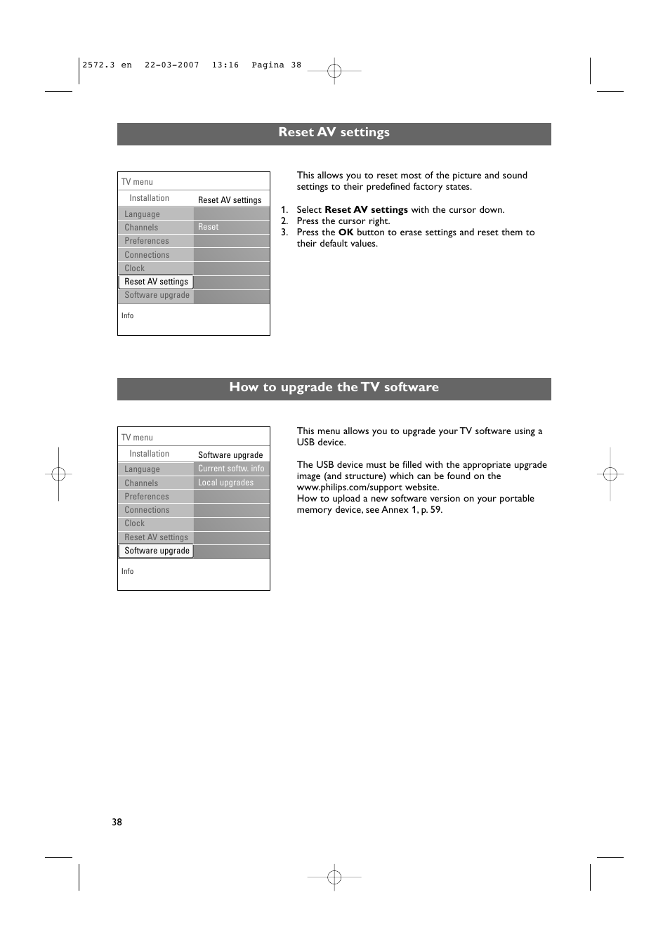 How to upgrade the tv software, Reset av settings | Philips 63PF9631D-37B User Manual | Page 40 / 70