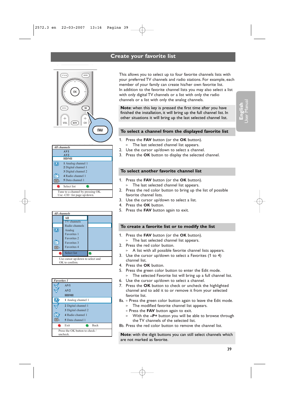 Create your favorite list, English, User man ual | Philips 63PF9631D-37B User Manual | Page 41 / 70