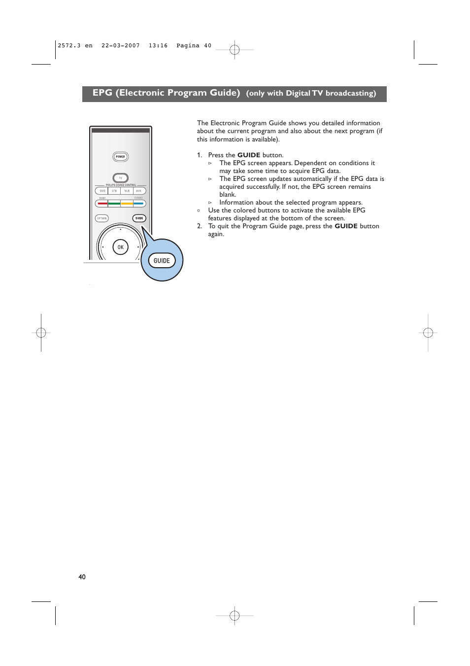 Epg (electronic program guide), Only with digital tv broadcasting) | Philips 63PF9631D-37B User Manual | Page 42 / 70