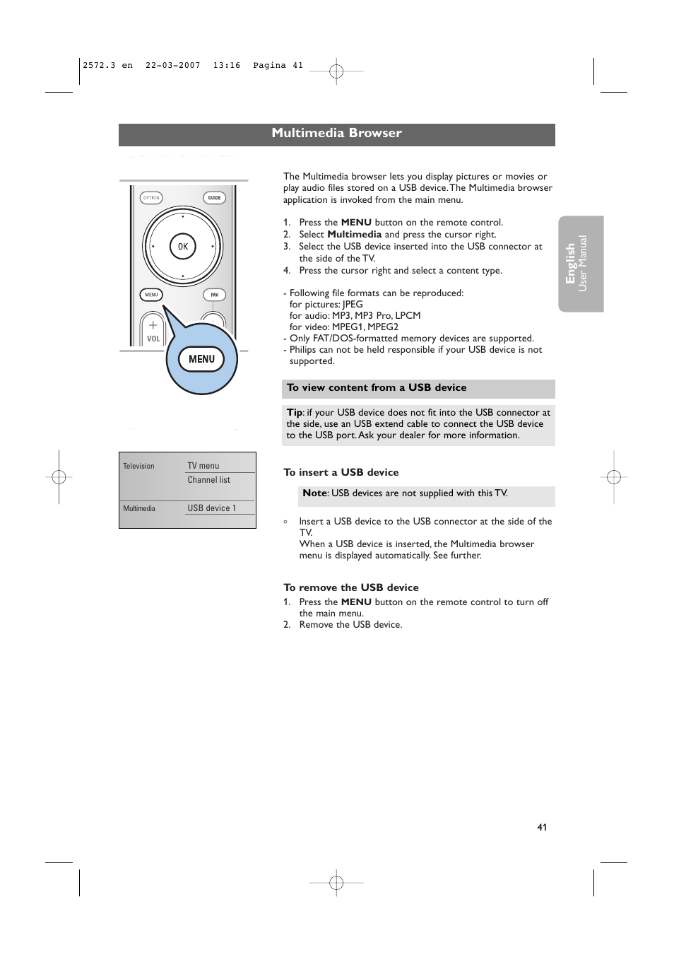 Multimedia browser, English, User man ual | Philips 63PF9631D-37B User Manual | Page 43 / 70