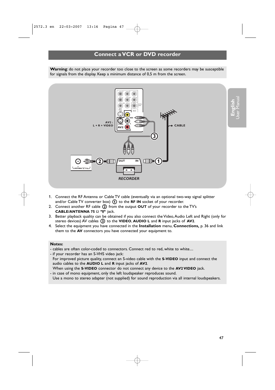 Connect a vcr or dvd recorder, English, User man ual | Philips 63PF9631D-37B User Manual | Page 49 / 70