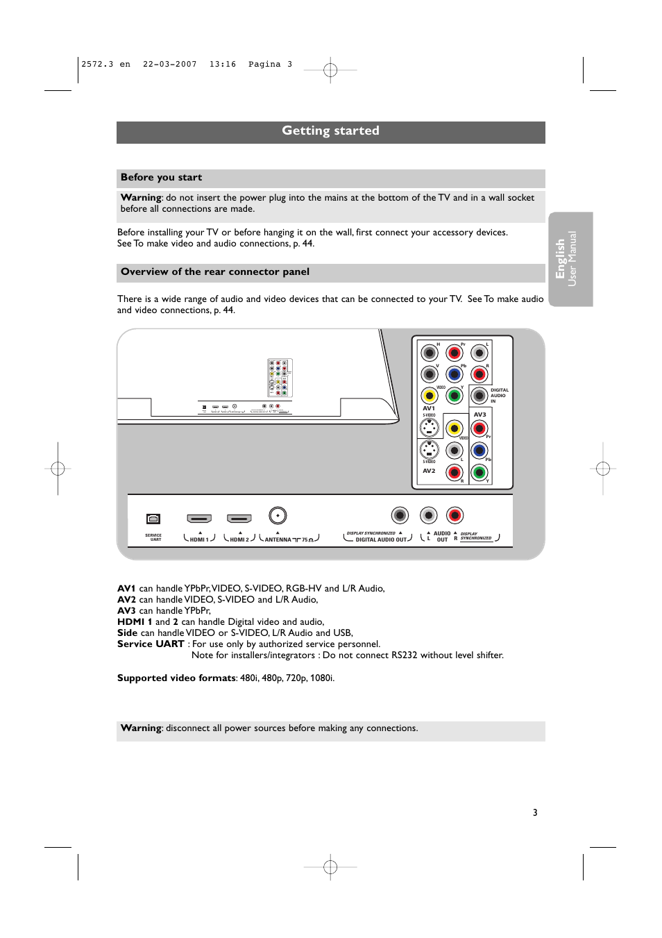 Getting started, English, User man ual | Philips 63PF9631D-37B User Manual | Page 5 / 70