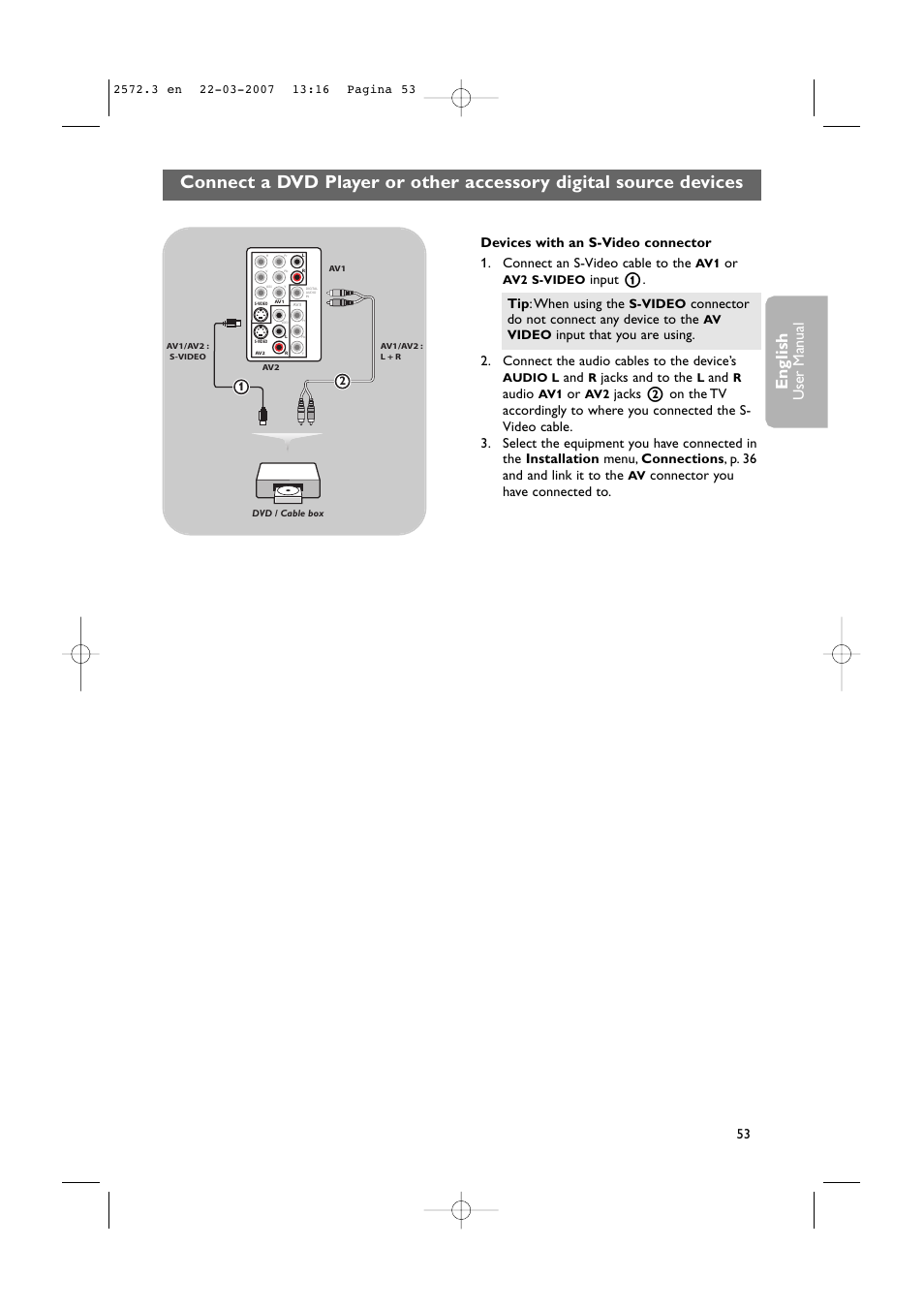 English, User man ual, Jacks and to the | Audio, Connector do not connect any device to the, Input that you are using | Philips 63PF9631D-37B User Manual | Page 55 / 70