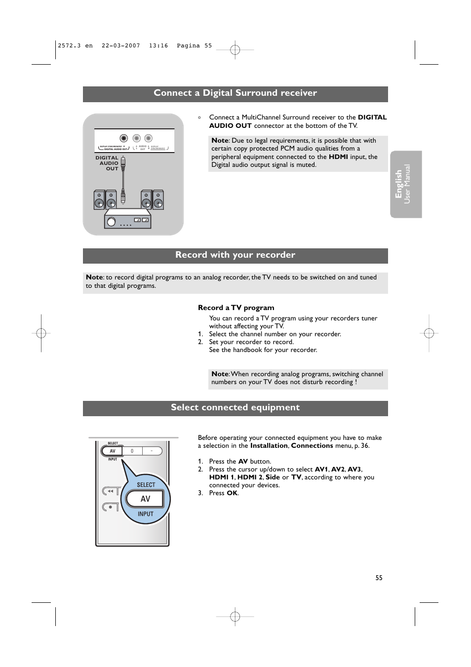 Connect a digital surround receiver, English, User man ual | Record a tv program | Philips 63PF9631D-37B User Manual | Page 57 / 70