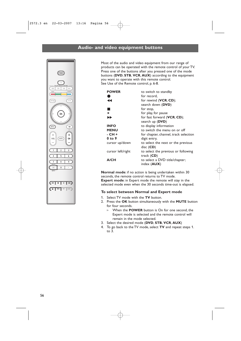 Audio- and video equipment buttons | Philips 63PF9631D-37B User Manual | Page 58 / 70