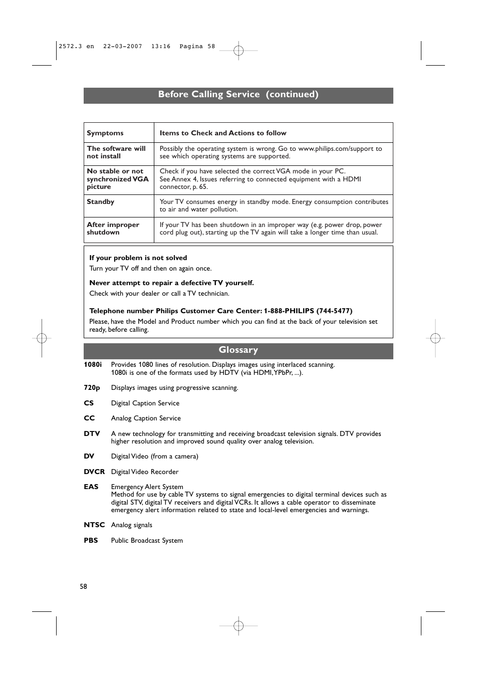 Before calling service (continued), Glossary | Philips 63PF9631D-37B User Manual | Page 60 / 70