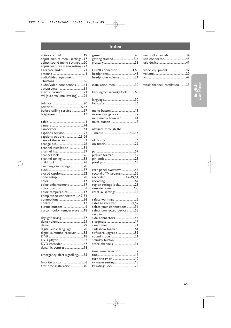 Index | Philips 63PF9631D-37B User Manual | Page 67 / 70