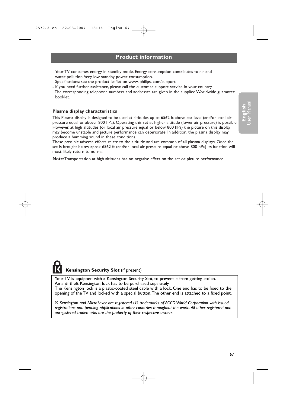 Product information | Philips 63PF9631D-37B User Manual | Page 69 / 70