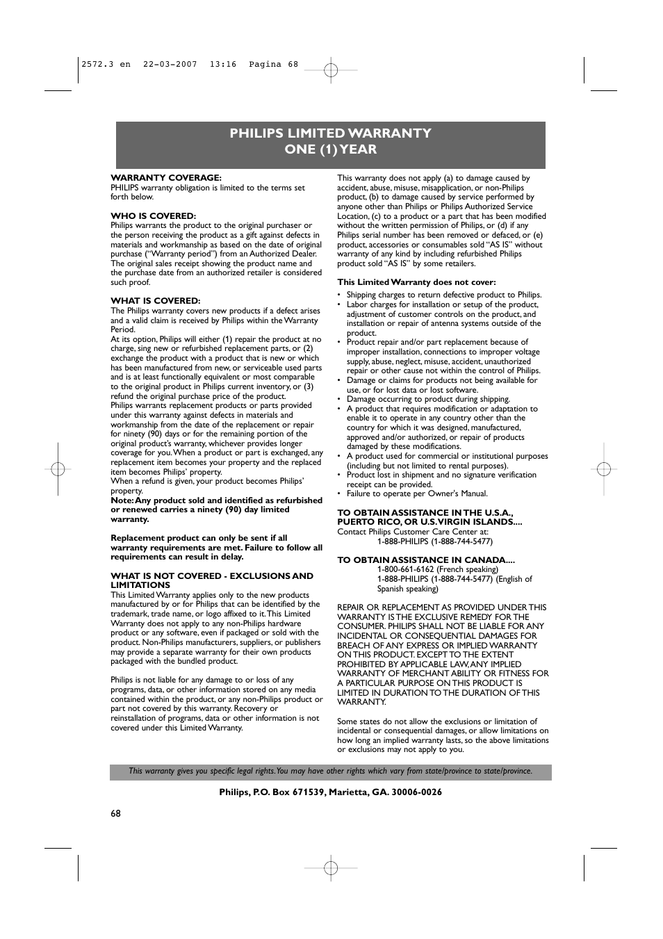 Philips limited warranty one (1) year | Philips 63PF9631D-37B User Manual | Page 70 / 70