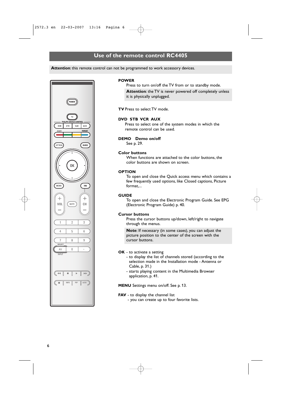 Use of the remote control rc4405 | Philips 63PF9631D-37B User Manual | Page 8 / 70